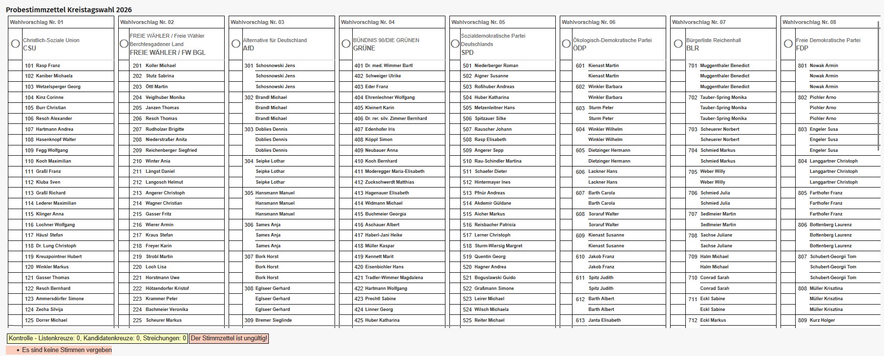 Probestimmzettel Kreistagswahl
