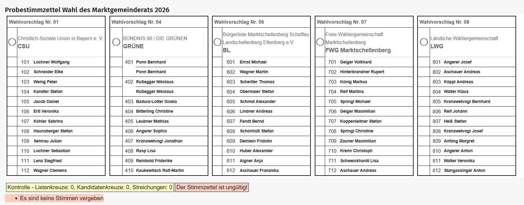 Probestimmzettel Wahl 2026