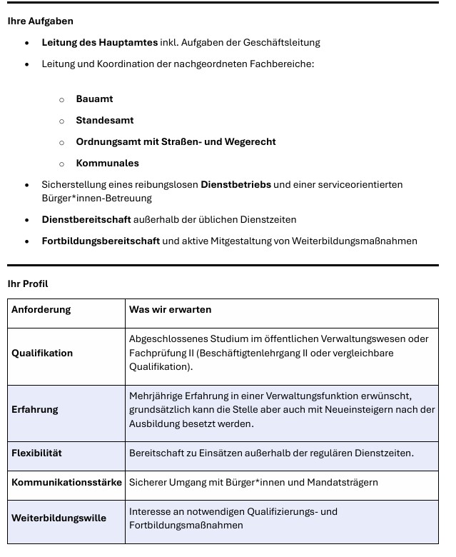 Stellenausschreibung Leitung des Hauptamtes